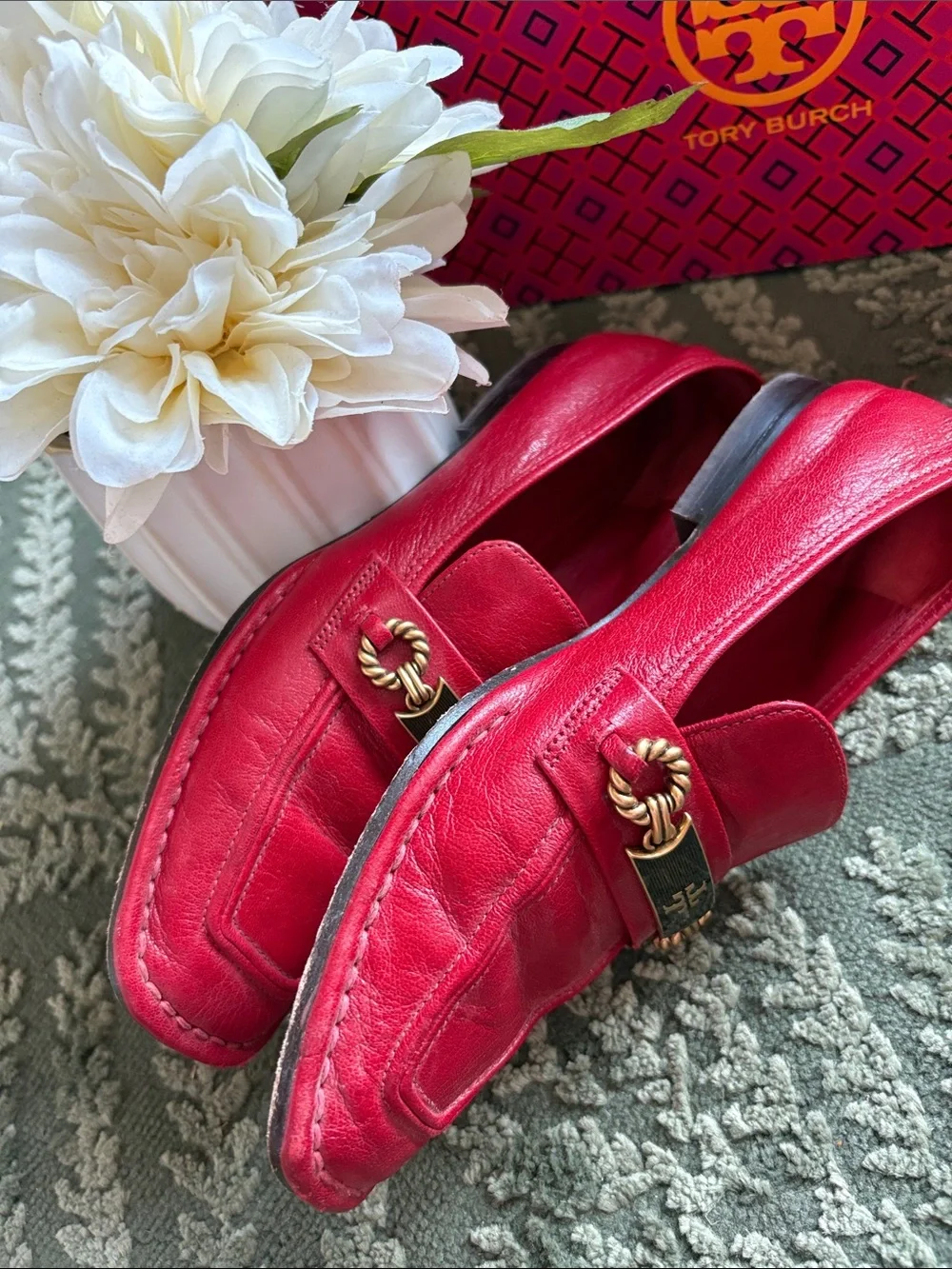 Tory Burch Red Leather Slip-On Loafers with Gold Logo Hardware